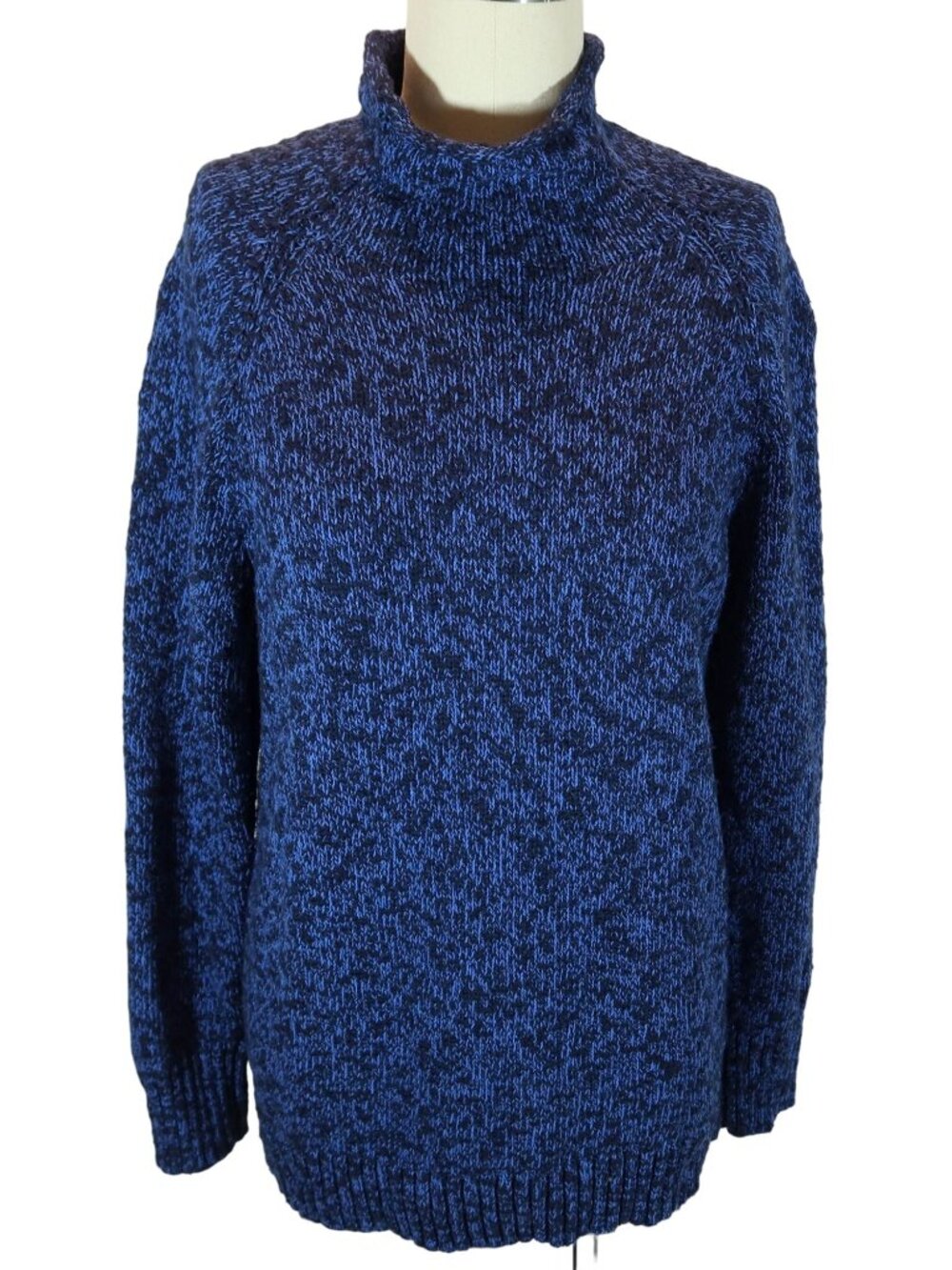 LL BEAN Roll Neck Cotton Ragg Pullover Sweater Size M Classic Blue Black Marled